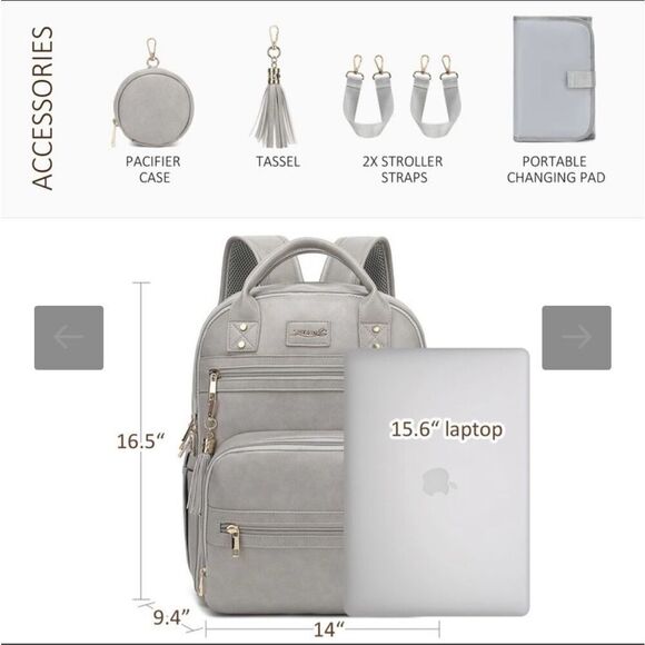 ROSEGIN Vegan Premium Leather Diaper Bag Backpack for Boy Girl Gray - Picture 2 of 13